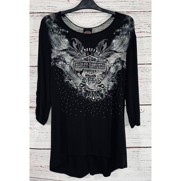 Harley-Davidson Womens Black Genuine Motorcycles Rhinestone & Lace Top Size L Se - Picture 7 of 14